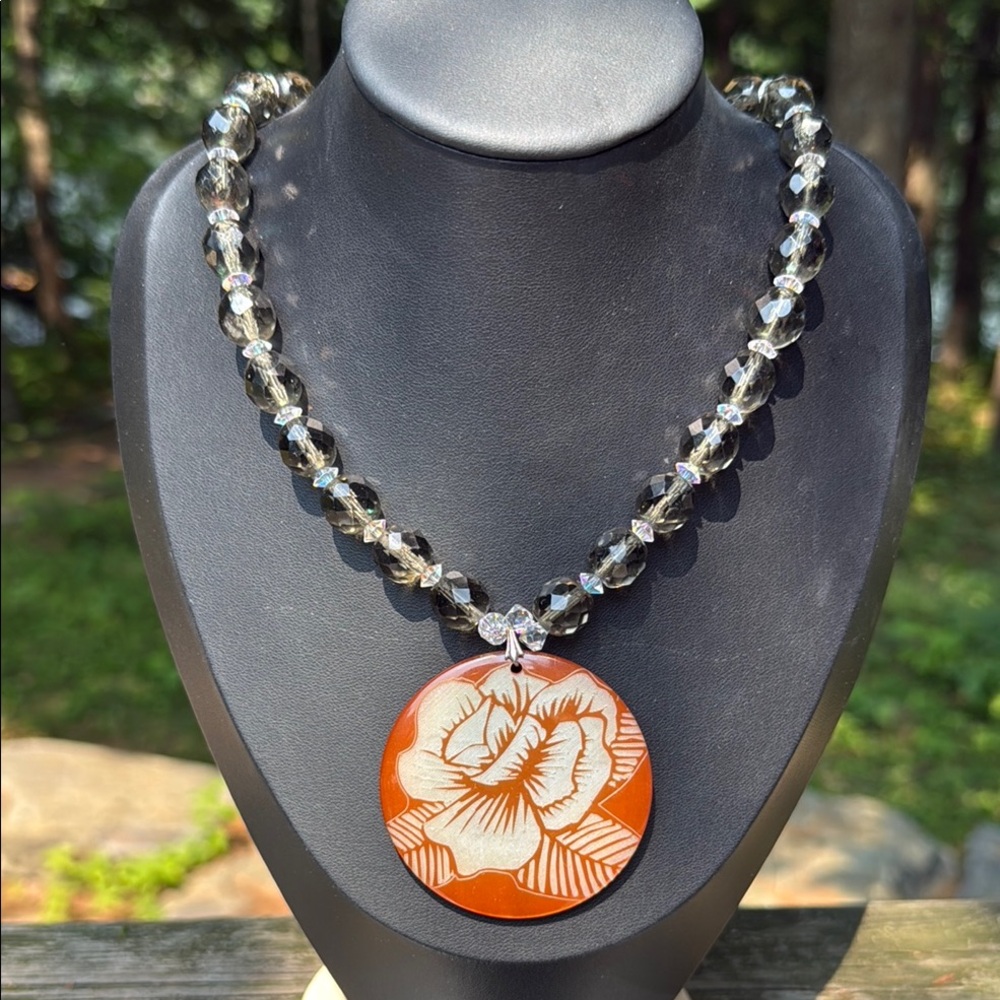 JoJo Necklace Rose Pendant Glass Beads Smoky